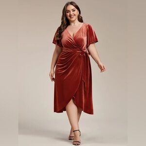 V-Neck Ruffles Sleeve Velvet Dress